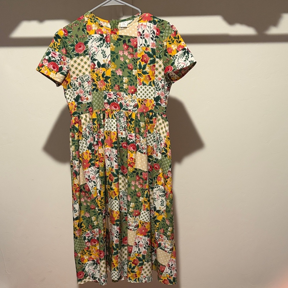 SHEIN Green, Yellow & Pink Patchwork Floral Dress